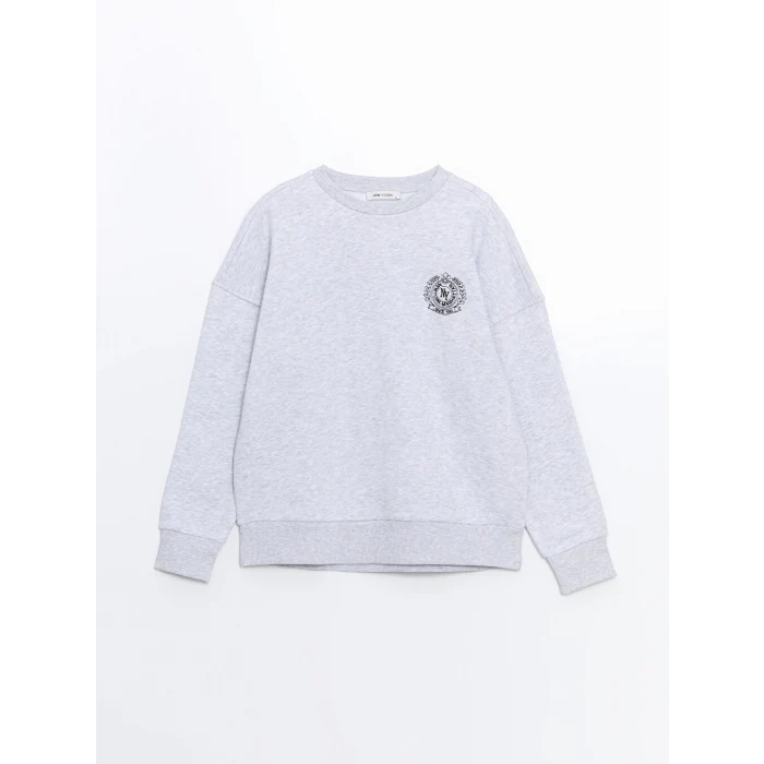 LCW Vision Gri Bisiklet Yaka Nakışlı Oversize Kadın Kalın Sweatshirt