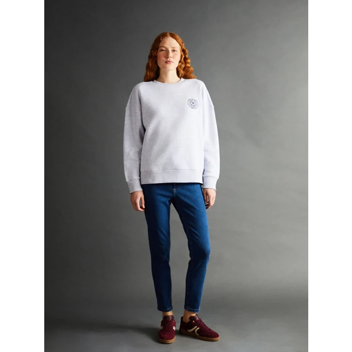 LCW Vision Gri Bisiklet Yaka Nakışlı Oversize Kadın Kalın Sweatshirt