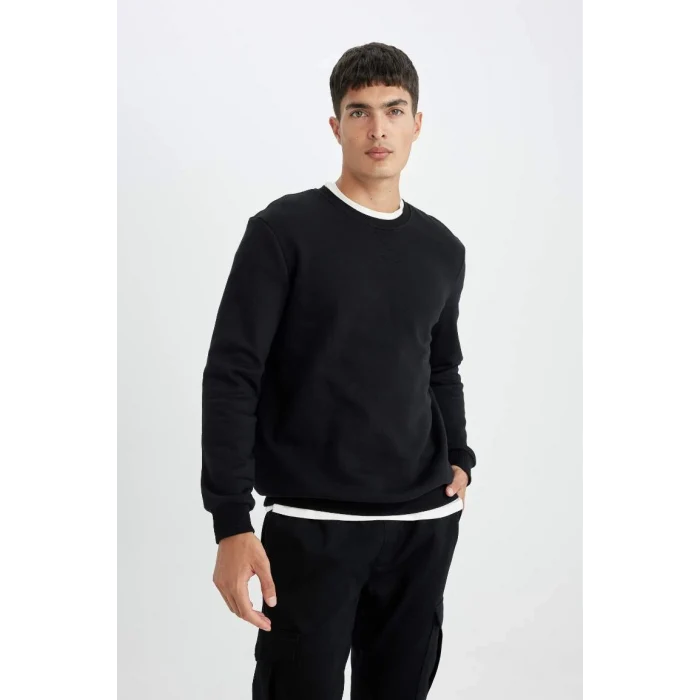 T3777 Siyah Regular Fit Bisiklet Yaka Basic Düz Sweatshirt