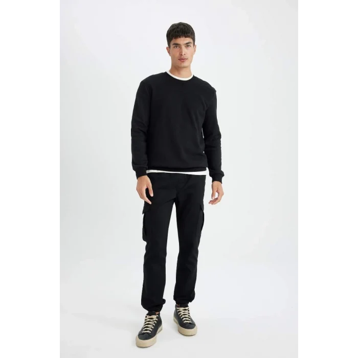 T3777 Siyah Regular Fit Bisiklet Yaka Basic Düz Sweatshirt