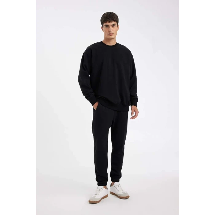 T5139 Siyah Oversize Geniş Kalıp Bisiklet Yaka Kalın Kumaş Basic Düz Sweatshirt