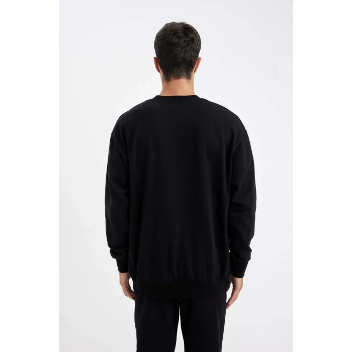 T5139 Siyah Oversize Geniş Kalıp Bisiklet Yaka Kalın Kumaş Basic Düz Sweatshirt