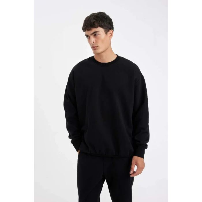 T5139 Siyah Oversize Geniş Kalıp Bisiklet Yaka Kalın Kumaş Basic Düz Sweatshirt