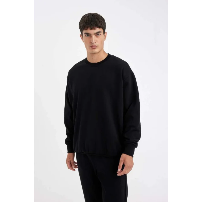 T5139 Siyah Oversize Geniş Kalıp Bisiklet Yaka Kalın Kumaş Basic Düz Sweatshirt