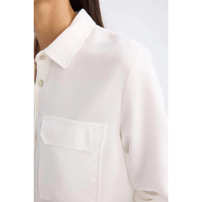 T6889 Regular Fit Basic Düz Cepli Dokulu Uzun Kollu Beyaz Gömlek