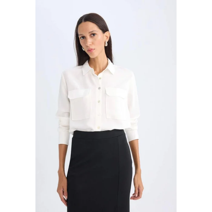 T6889 Regular Fit Basic Düz Cepli Dokulu Uzun Kollu Beyaz Gömlek