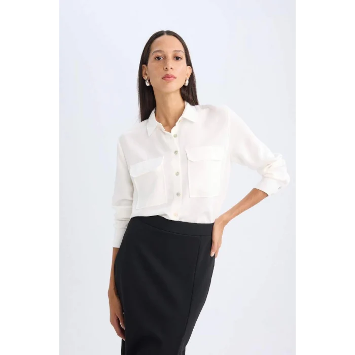 T6889 Regular Fit Basic Düz Cepli Dokulu Uzun Kollu Beyaz Gömlek