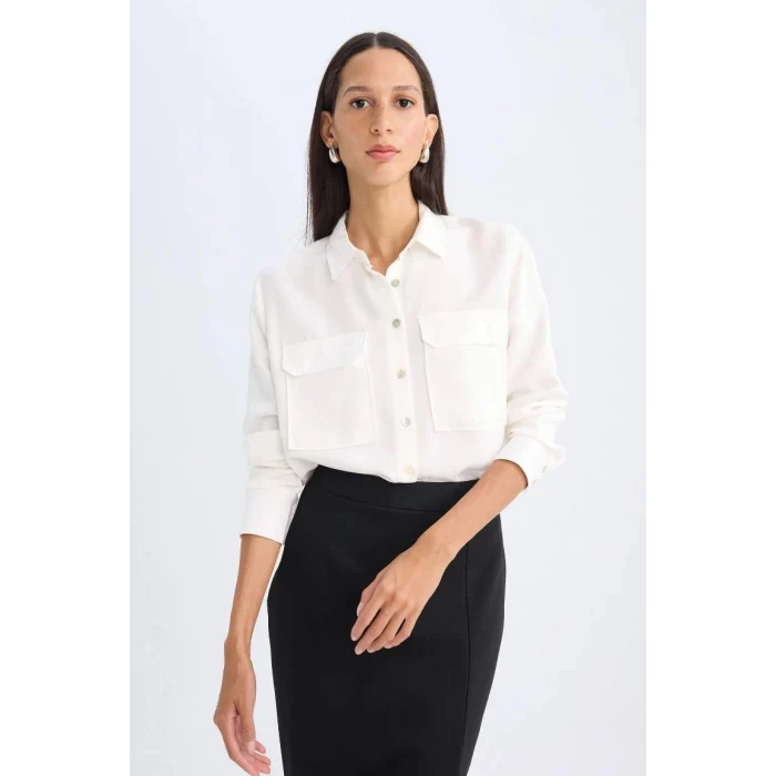 T6889 Regular Fit Basic Düz Cepli Dokulu Uzun Kollu Beyaz Gömlek