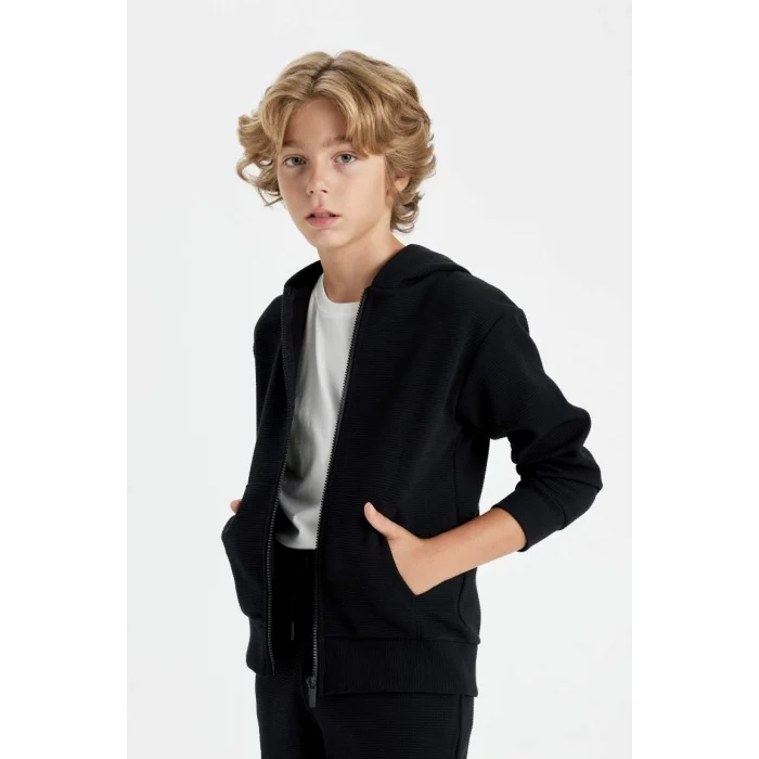 T7468 Siyah Kapüşonlu Fermuarlı Okul Hırkası