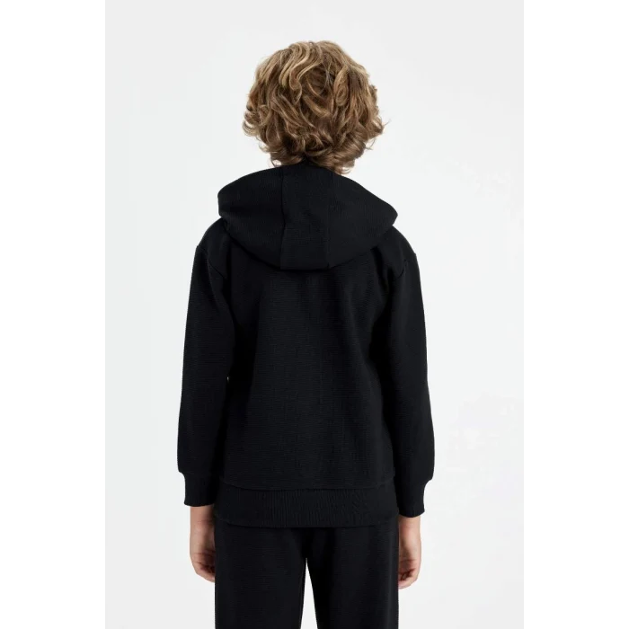 T7468 Siyah Kapüşonlu Fermuarlı Okul Hırkası