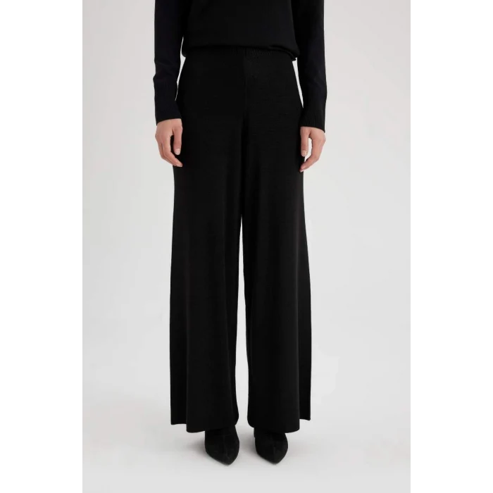 V0088 Relax Fit Triko Pantolon Siyah Basic Düz Beli Lastikli Geniş Paça