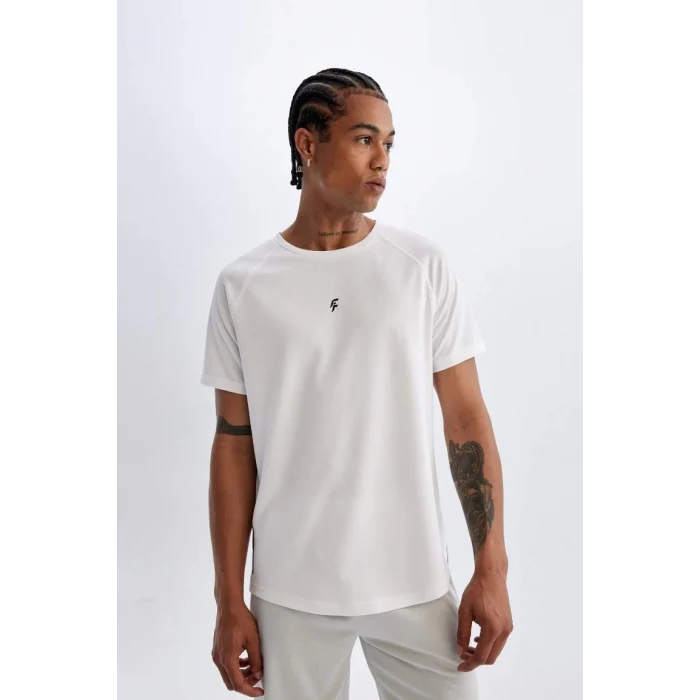 V2887 DeFactoFit Gri Slim Fit Dar Kesim Bisiklet Yaka Baskılı Sporcu Kısa Kollu Basic Düz Tişört