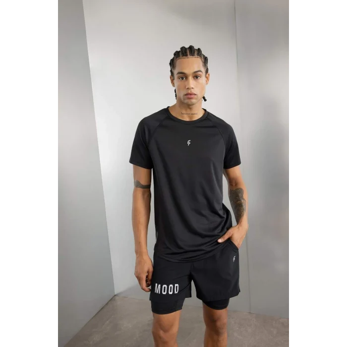 V2887 DeFactoFit Siyah Slim Fit Dar Kesim Bisiklet Yaka Baskılı Sporcu Kısa Kollu Basic Tişört