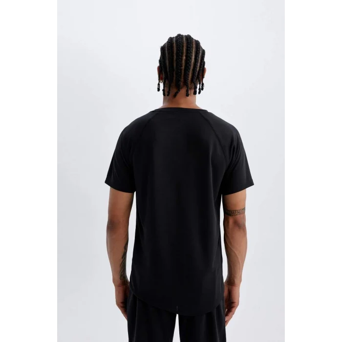 V2887 DeFactoFit Siyah Slim Fit Dar Kesim Bisiklet Yaka Baskılı Sporcu Kısa Kollu Basic Tişört