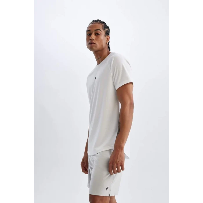 V2887 DeFactoFit Gri Slim Fit Dar Kesim Bisiklet Yaka Baskılı Sporcu Kısa Kollu Basic Düz Tişört