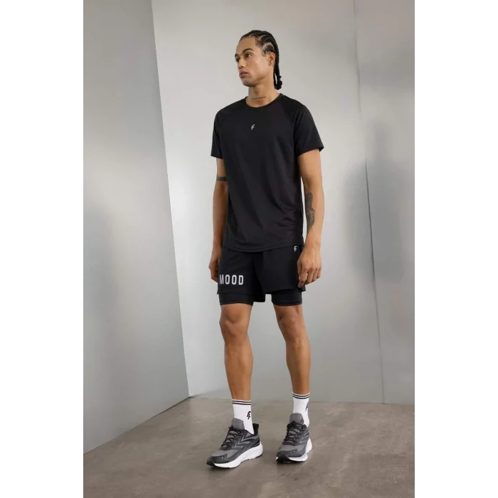 V2887 DeFactoFit Siyah Slim Fit Dar Kesim Bisiklet Yaka Baskılı Sporcu Kısa Kollu Basic Tişört