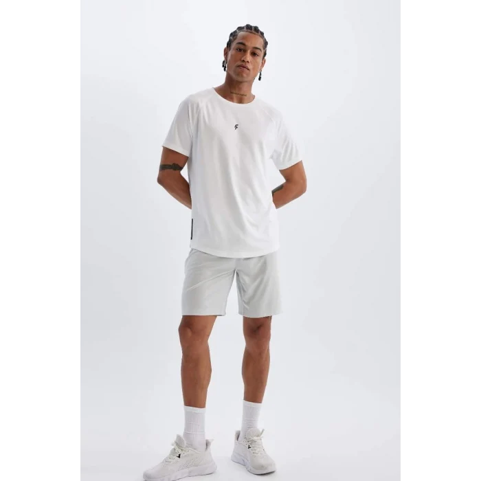 V2887 DeFactoFit Gri Slim Fit Dar Kesim Bisiklet Yaka Baskılı Sporcu Kısa Kollu Basic Düz Tişört