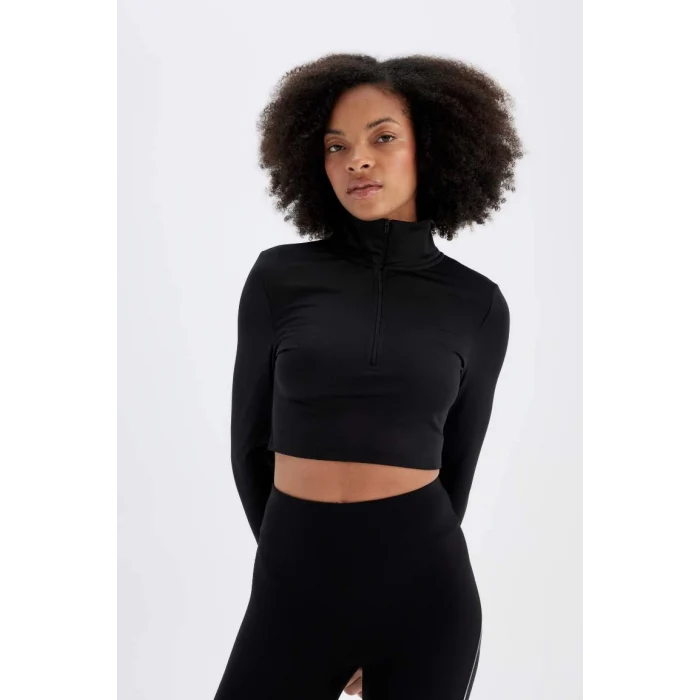 W0343 DeFactoFit Slim Fit Dar Kesim Fermuarlı Dik Yaka Uzun Kollu Tişört