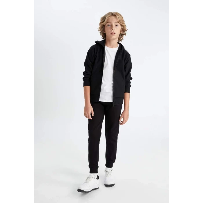 W0773 Siyah Beli Paçası Lastikli Cepli Jogger Okul Eşofman Altı