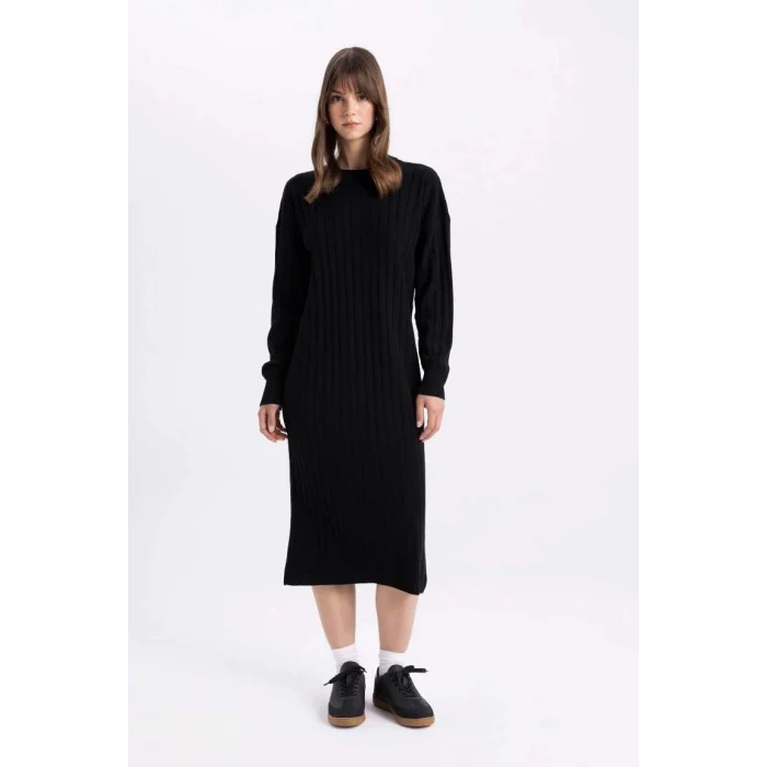 W0986 Yarım Balıkçı Yaka Uzun Kollu Midi Elbise