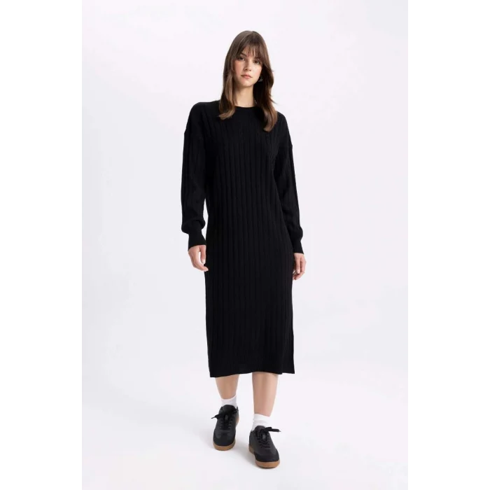 W0986 Yarım Balıkçı Yaka Uzun Kollu Midi Elbise