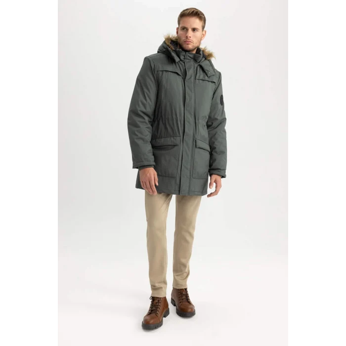 X3983 Regular Fit Kapüşonlu Suni Kürklü Mont