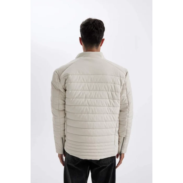 X4014 Slim Fit Dar Kesim Dik Yaka Fermuarlı Cepli Suni Deri Ceket Mont