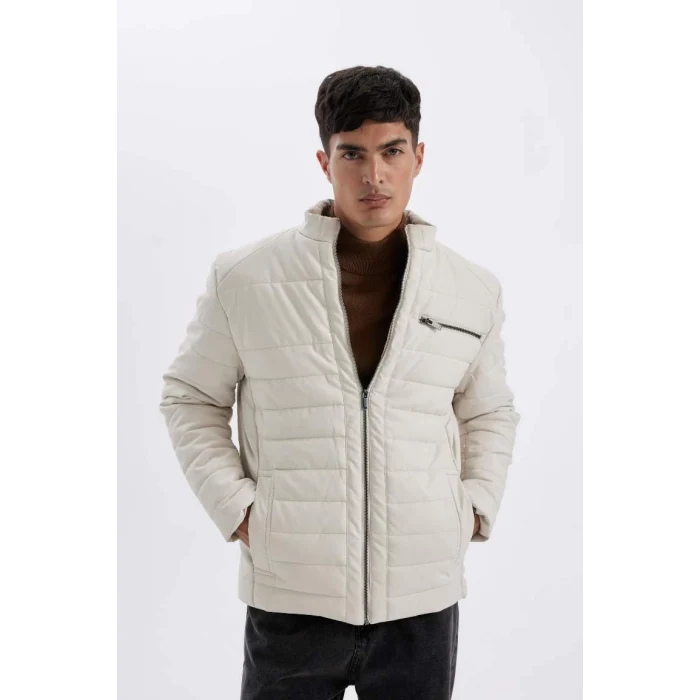 X4014 Slim Fit Dar Kesim Dik Yaka Fermuarlı Cepli Suni Deri Ceket Mont