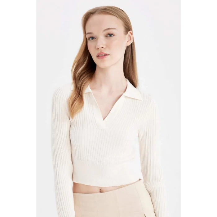 X4929 Coool Slim Fit Dar Kesim Polo Yaka Crop Triko Kazak