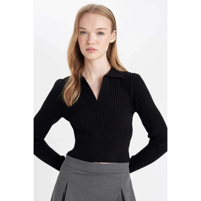 X4929 Coool Slim Fit Dar Kesim Polo Yaka Crop Triko Kazak