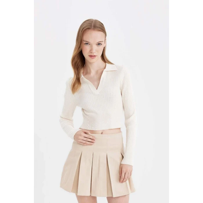 X4929 Coool Slim Fit Dar Kesim Polo Yaka Crop Triko Kazak