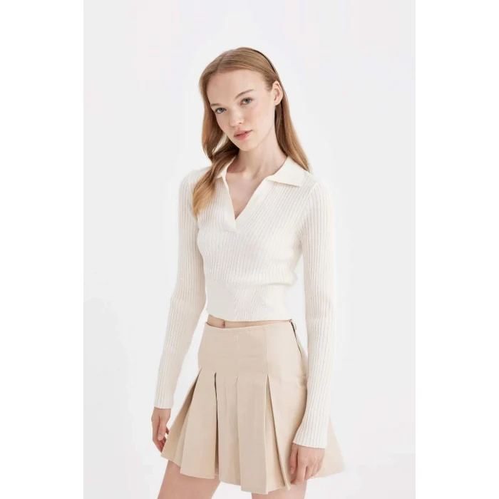 X4929 Coool Slim Fit Dar Kesim Polo Yaka Crop Triko Kazak