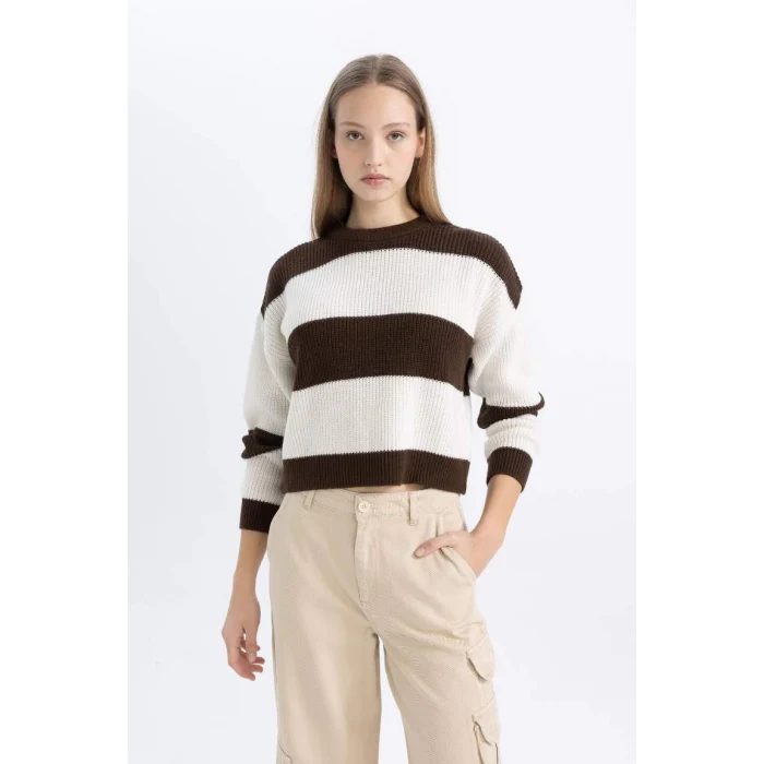 X4931 Coool Oversize Fit Çizgili Bisiklet Yaka Kazak