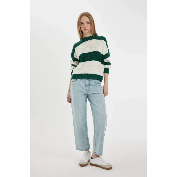 X4931 Coool Oversize Geniş Kalıp Bisiklet Yaka Çizgili Triko Kazak