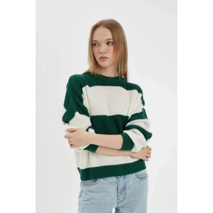 X4931 Coool Oversize Geniş Kalıp Bisiklet Yaka Çizgili Triko Kazak