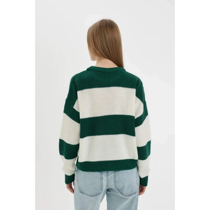 X4931 Coool Oversize Geniş Kalıp Bisiklet Yaka Çizgili Triko Kazak