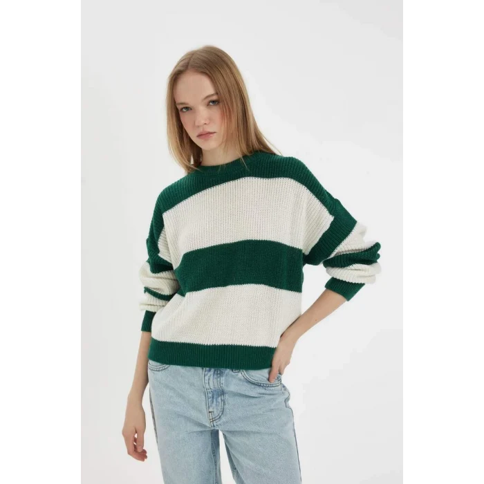 X4931 Coool Oversize Geniş Kalıp Bisiklet Yaka Çizgili Triko Kazak