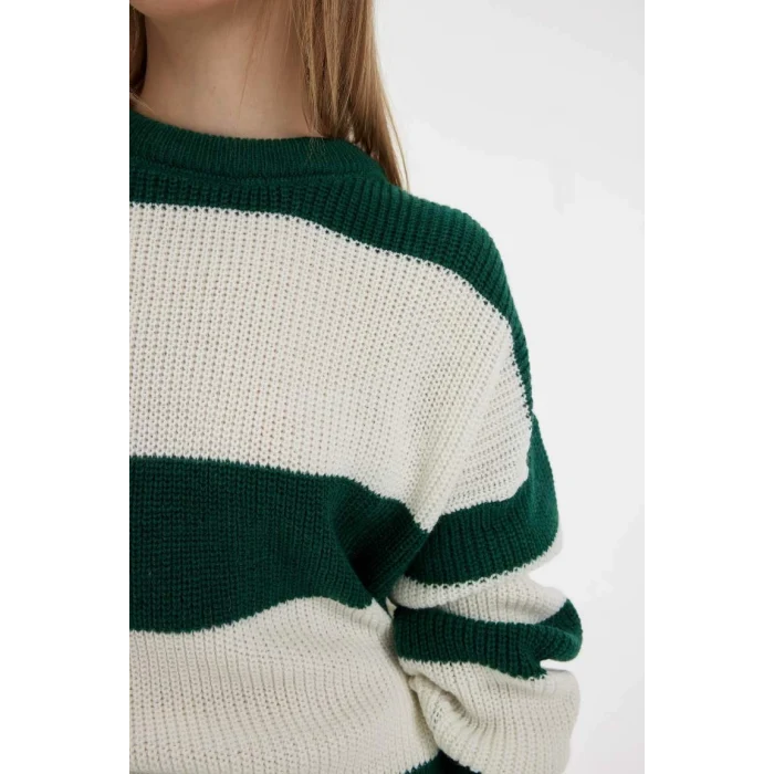 X4931 Coool Oversize Geniş Kalıp Bisiklet Yaka Çizgili Triko Kazak