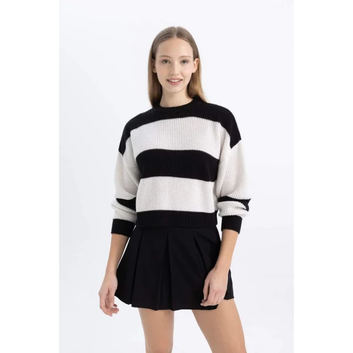 X4931 Coool Oversize Fit Çizgili Bisiklet Yaka Kazak