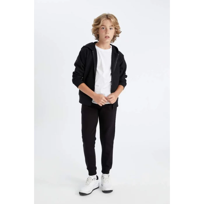 X5844 Basic Düz Siyah Kapüşonlu Fermuarlı Cepli Okul Hırkası