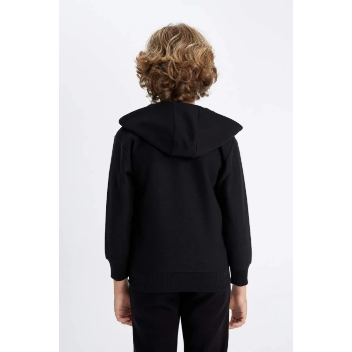 X5844 Basic Düz Siyah Kapüşonlu Fermuarlı Cepli Okul Hırkası