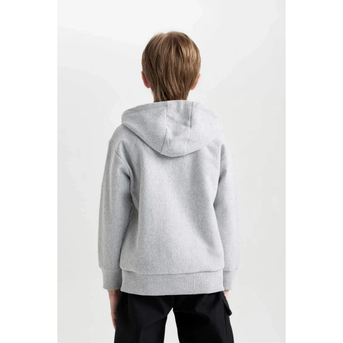 X5844 Basic Kapüşonlu Fermuarlı Cepli Gri Okul Hırkası