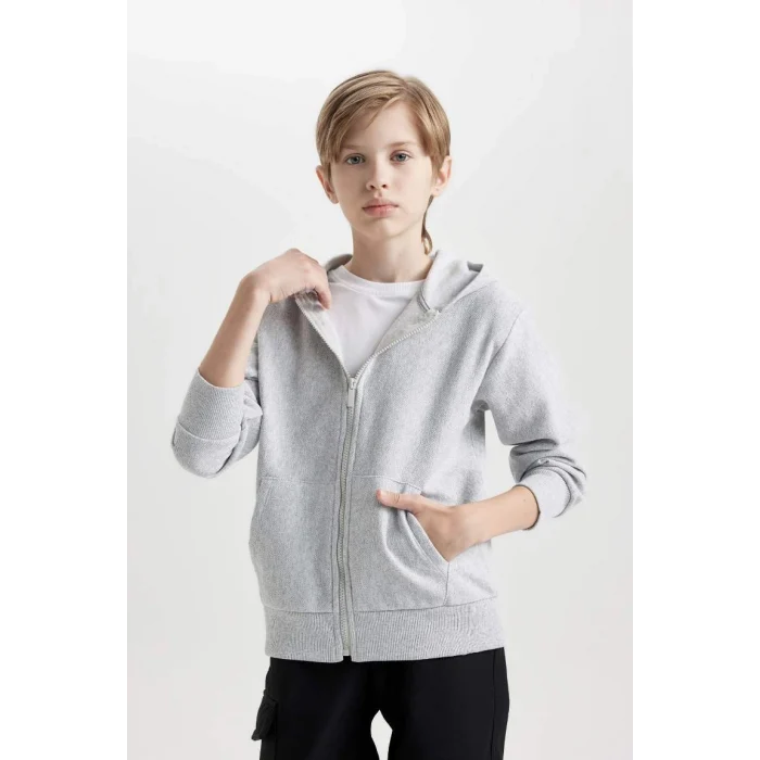 X5844 Basic Kapüşonlu Fermuarlı Cepli Gri Okul Hırkası