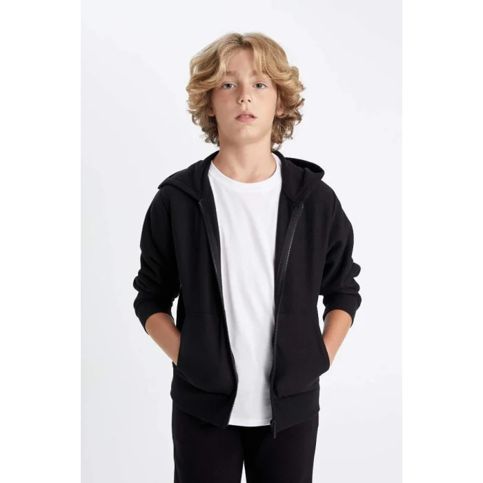 X5844 Basic Düz Siyah Kapüşonlu Fermuarlı Cepli Okul Hırkası