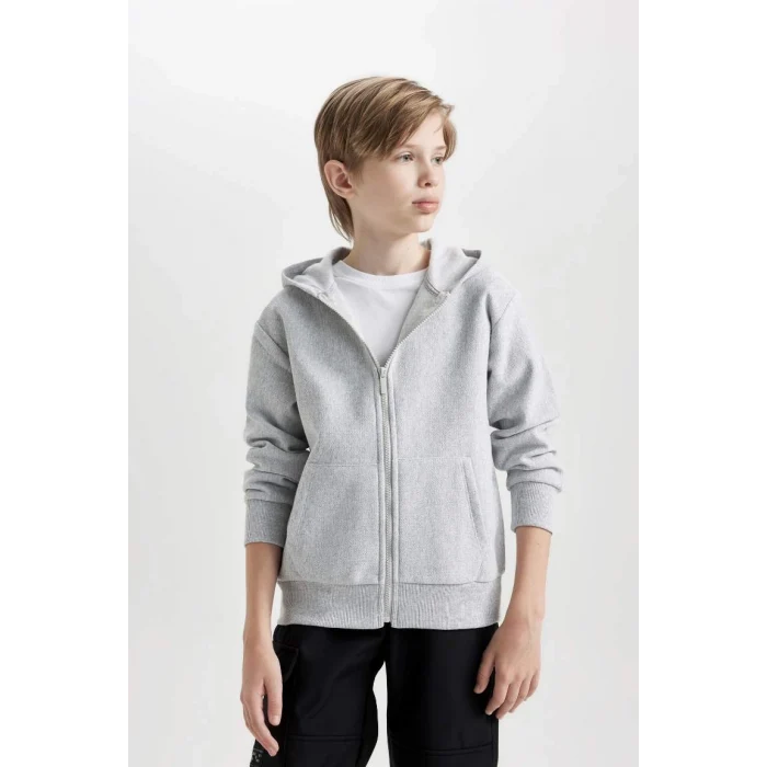 X5844 Basic Kapüşonlu Fermuarlı Cepli Gri Okul Hırkası