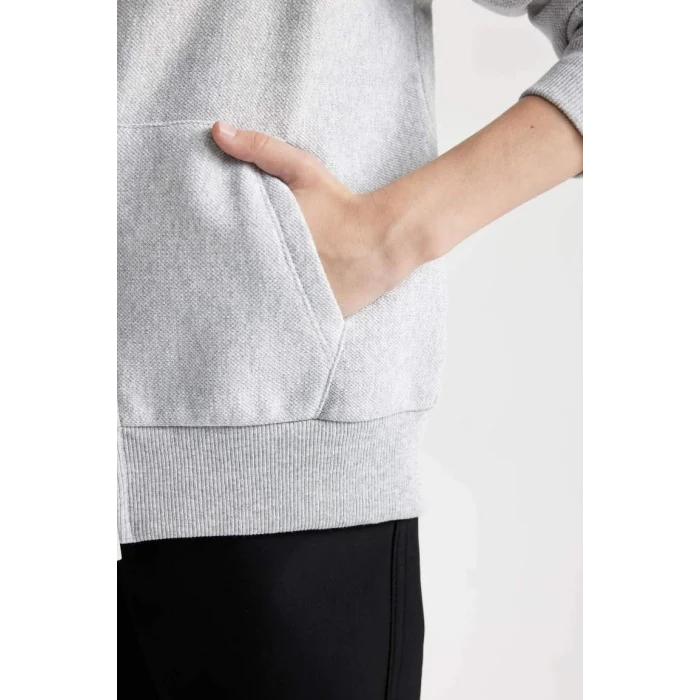 X5844 Basic Kapüşonlu Fermuarlı Cepli Gri Okul Hırkası