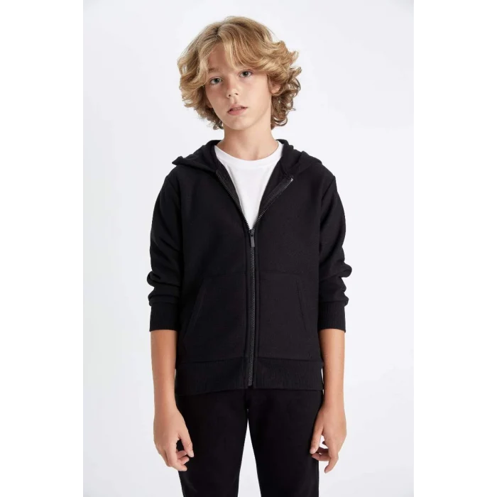 X5844 Basic Düz Siyah Kapüşonlu Fermuarlı Cepli Okul Hırkası