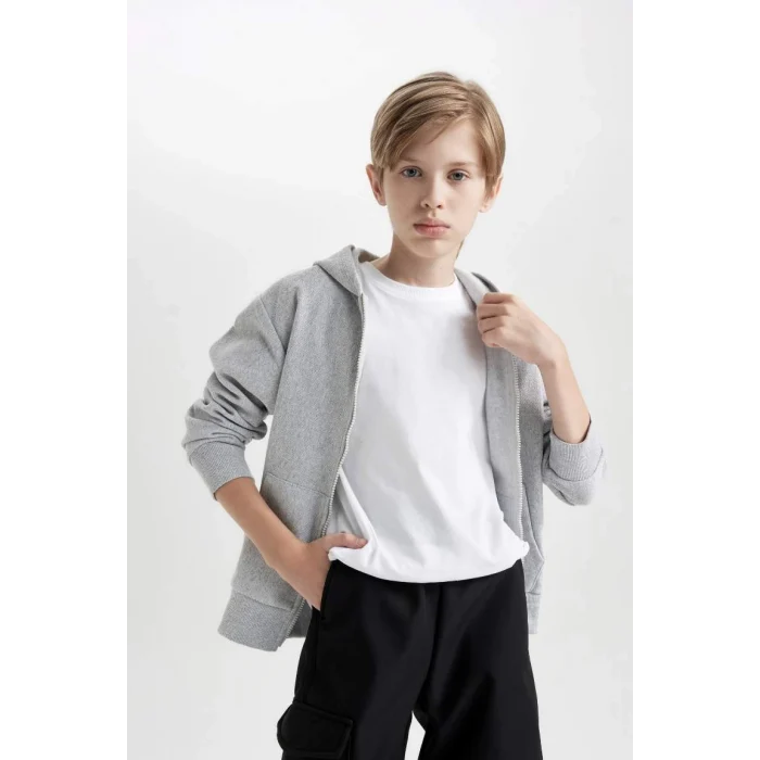 X5844 Basic Kapüşonlu Fermuarlı Cepli Gri Okul Hırkası