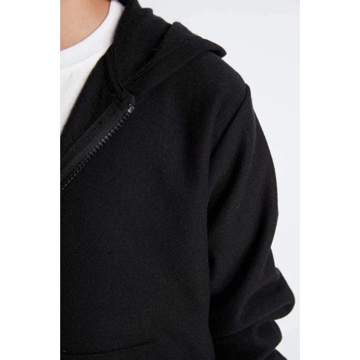 X5844 Basic Düz Siyah Kapüşonlu Fermuarlı Cepli Okul Hırkası