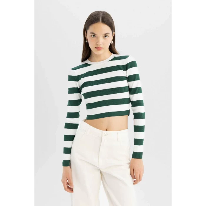 X6888 Coool Slim Fit Dar Kesim Çizgili Bisiklet Yaka Triko Kazak